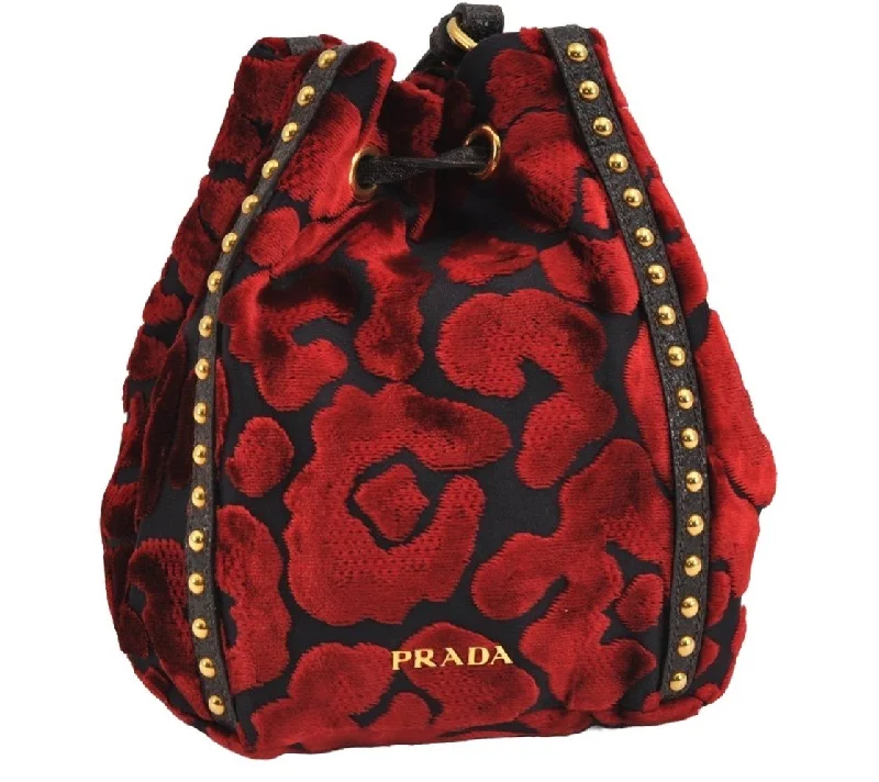 Luxury bags with chain strapsAuthentic PRADA Studs Velour Leather Drawstring Hand Bag Purse Red Black 2601J