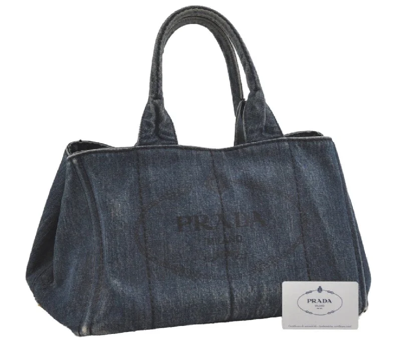 Lightweight duffle bags for gymAuthentic PRADA Vintage DENIM Canapa M Tote Hand Bag B1877B Blue 1582J