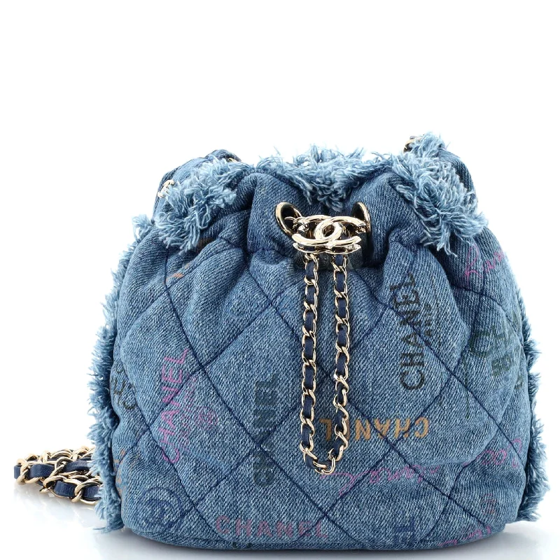 Waterproof backpack for hikingDenim Mood Chain Bucket Bag Logo Printed Quilted Fringe Denim Medium