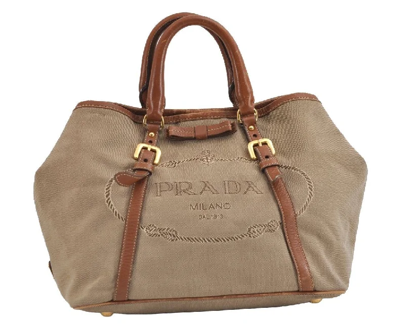 Designer bags with top handlesAuthentic PRADA Vintage Ribbon Canvas Leather 2Way Shoulder Tote Bag Beige 1916J