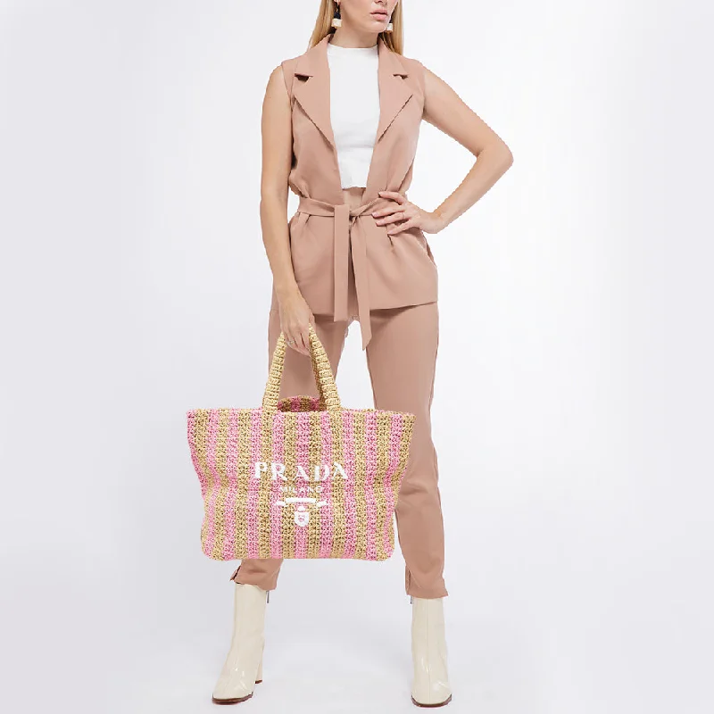 Designer bags with gold hardwarePRADA Pink/Beige Stripe Raffia Logo Tote