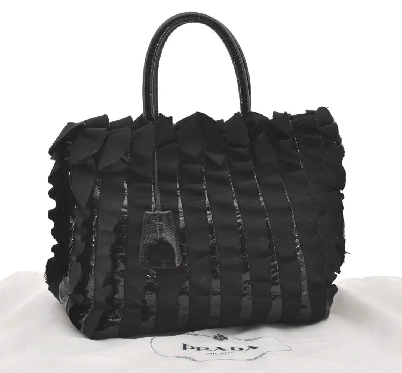 Water-resistant travel backpacksAuthentic PRADA Frill Nylon Tessuto Enamel Tote Hand Bag Pures Black 2074J