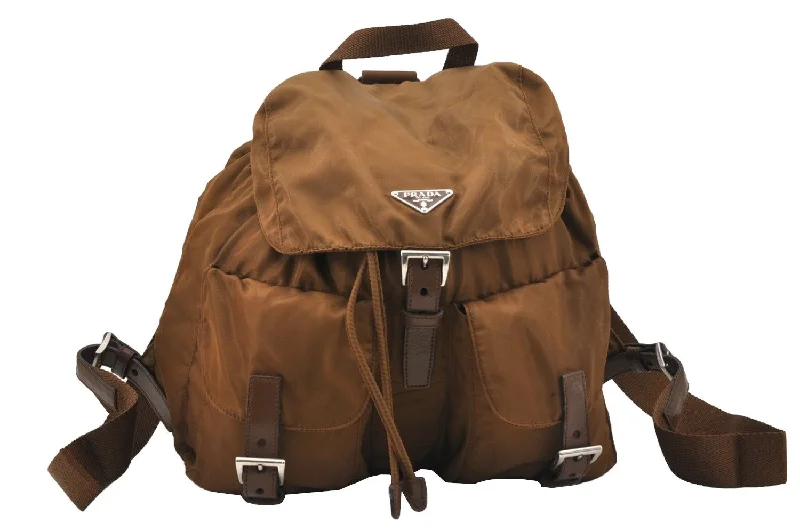 Minimalist leather handbagsAuthentic PRADA Vintage Nylon Tessuto Leather Backpack Brown 0968J