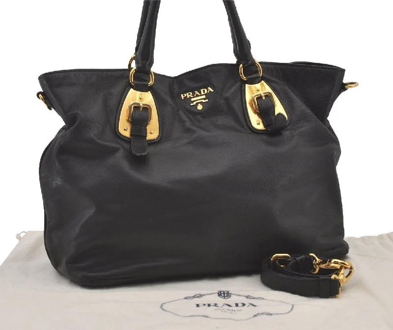 Trendy bucket bags for summerAuthentic PRADA Vintage Leather 2Way Shoulder Tote Bag Black 1392J