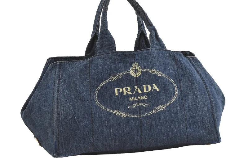 Compact crossbody bags for travelAuthentic PRADA Vintage Canapa L Canvas Tote Hand Bag Denim Blue 1742J