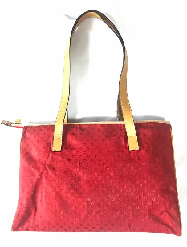 Large capacity travel bagsFENDI Vintage red logo jacquard fabric large shopper tote bag with brown leather handles