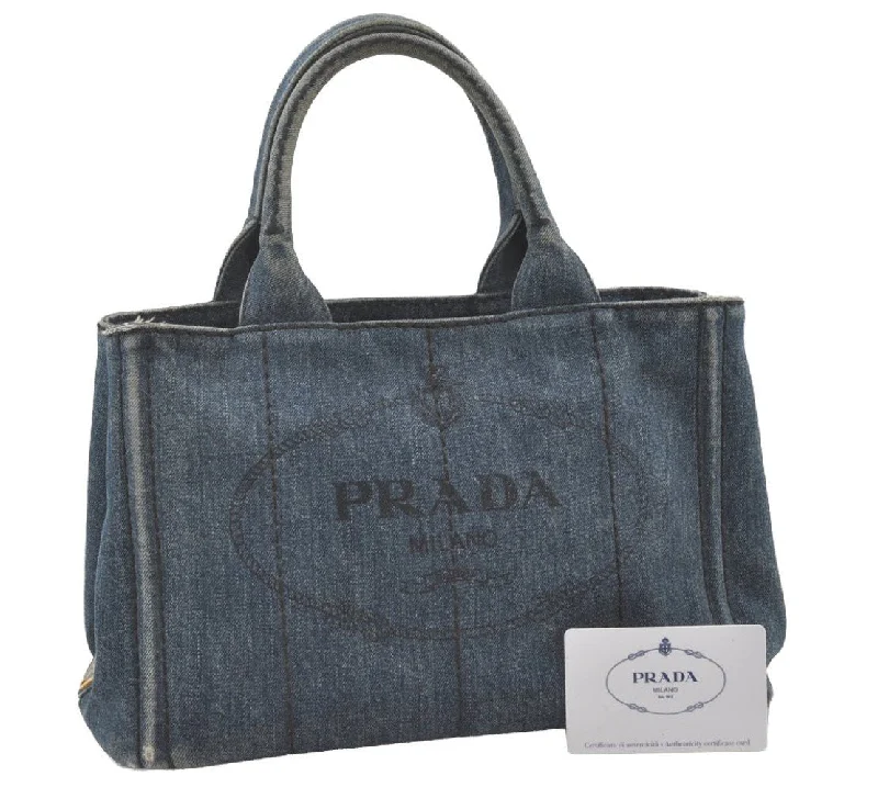 Designer bags with gold hardwareAuthentic PRADA DENIM Canapa SS 2Way Shoulder Hand Bag Purse 1BG439 Blue 2272J