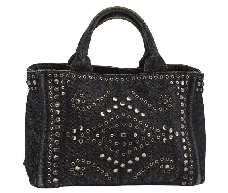 Designer bags with detachable strapsAuthentic PRADA Canapa SS Bijou Denim 2Way Shoulder Hand Bag Black 1605J