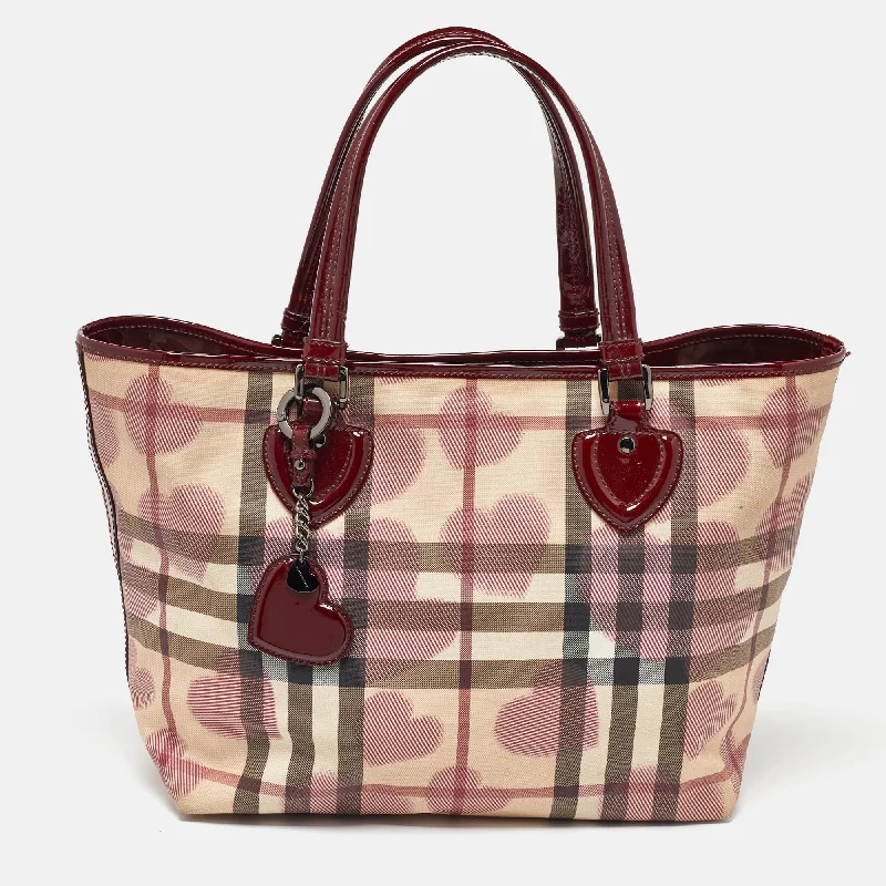 Stylish laptop bags for professionalsBeige/Burgundy Heart Print Check PVC and Patent Leather Brit Tote