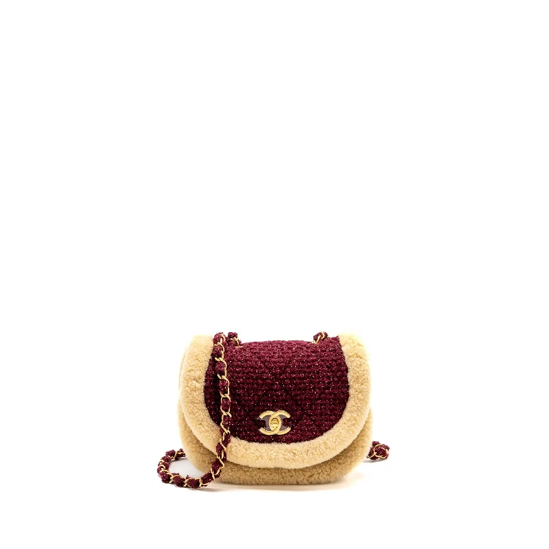 Designer bags with top handlesChanel 22K Mini Messenger Flap Bag Shearling/Tweed Burgundy/Beige GHW (Microchip)