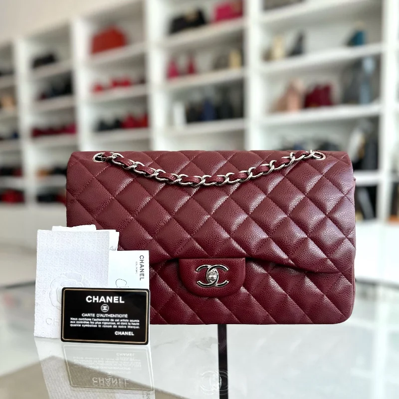 Designer bags with detachable straps*Full Set, Receipt* Caviar Jumbo Double Flap Burgundy SHW No 14