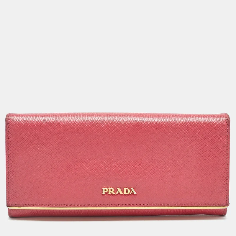 Affordable luxury bags PRADA Pink Saffiano Leather Metal Flap Continental Wallet