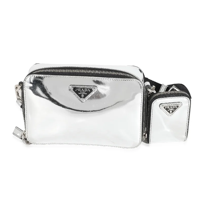 Luxury bags with exotic skinsPRADA Metallic Silver Spazzolato Brique Crossbody